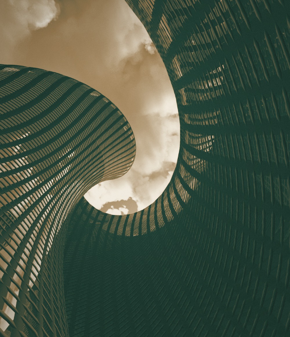 Edificio en espiral con cielo beige y estructura verde